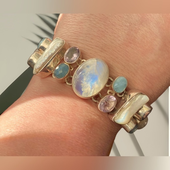 Artisan Jewelry - Moonstone, Amethyst, and Aquamarine sterling silver artisan made bracelet